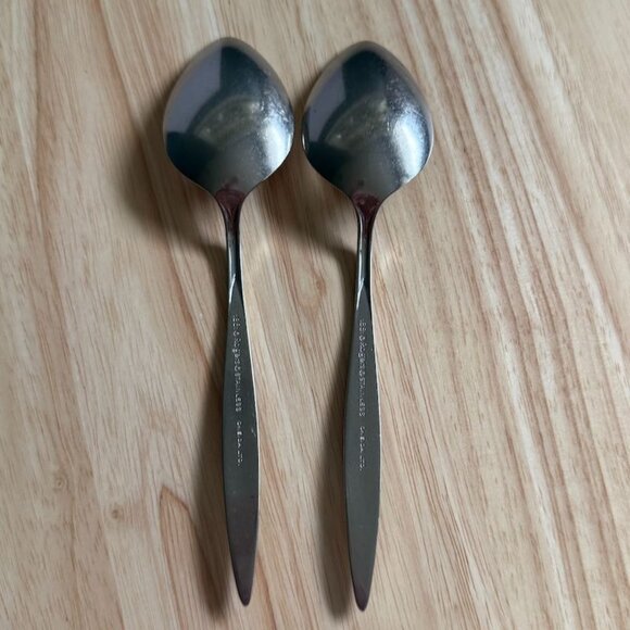 2 Fantasy Oval Soup Spoons Oneida 1881 Rogers Stainless Atomic MCM 6-3/4" - Picture 4 of 8